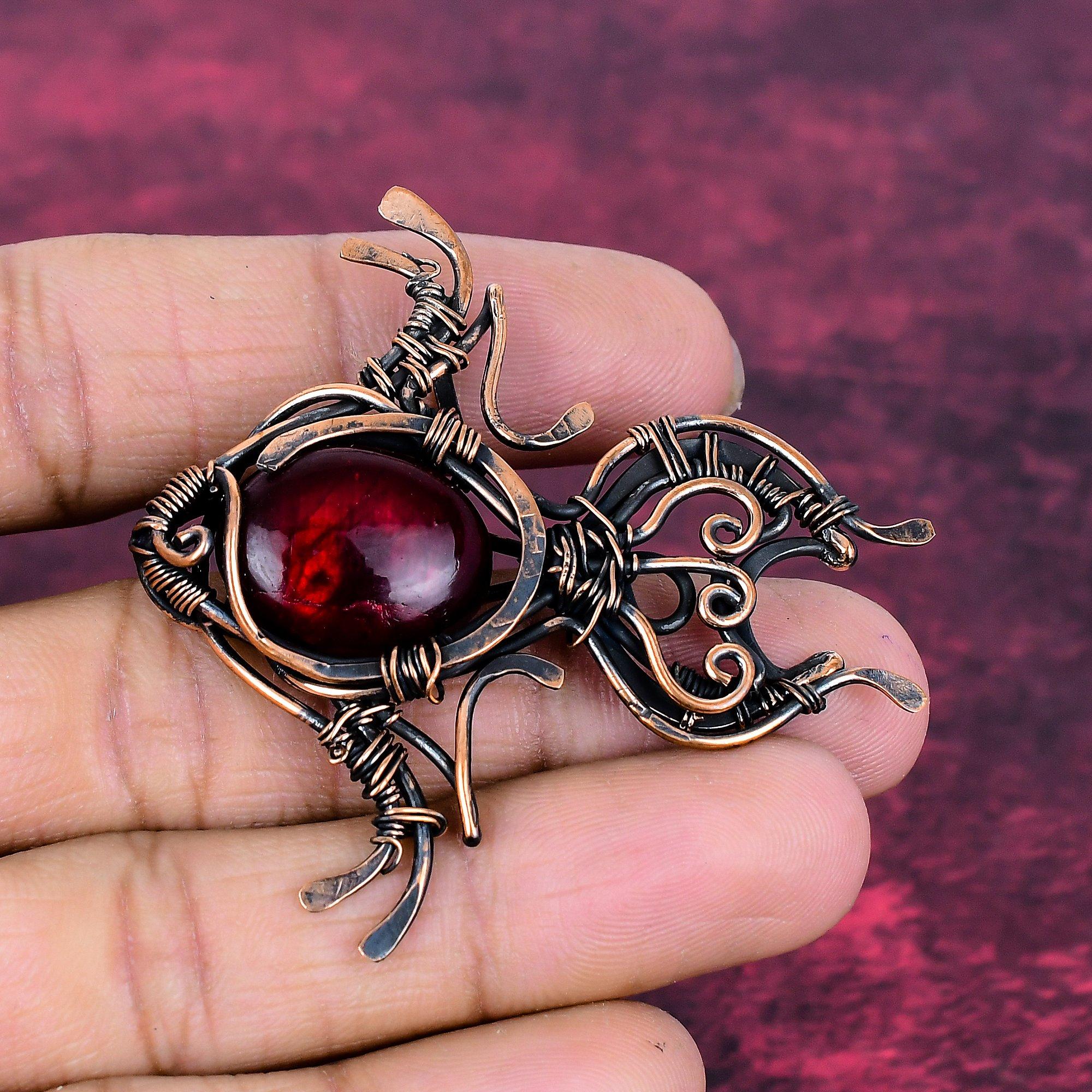Red Fire Labradorite Pendant Copper Wire Wrapped Jewelry Fish Gemstone Pendant