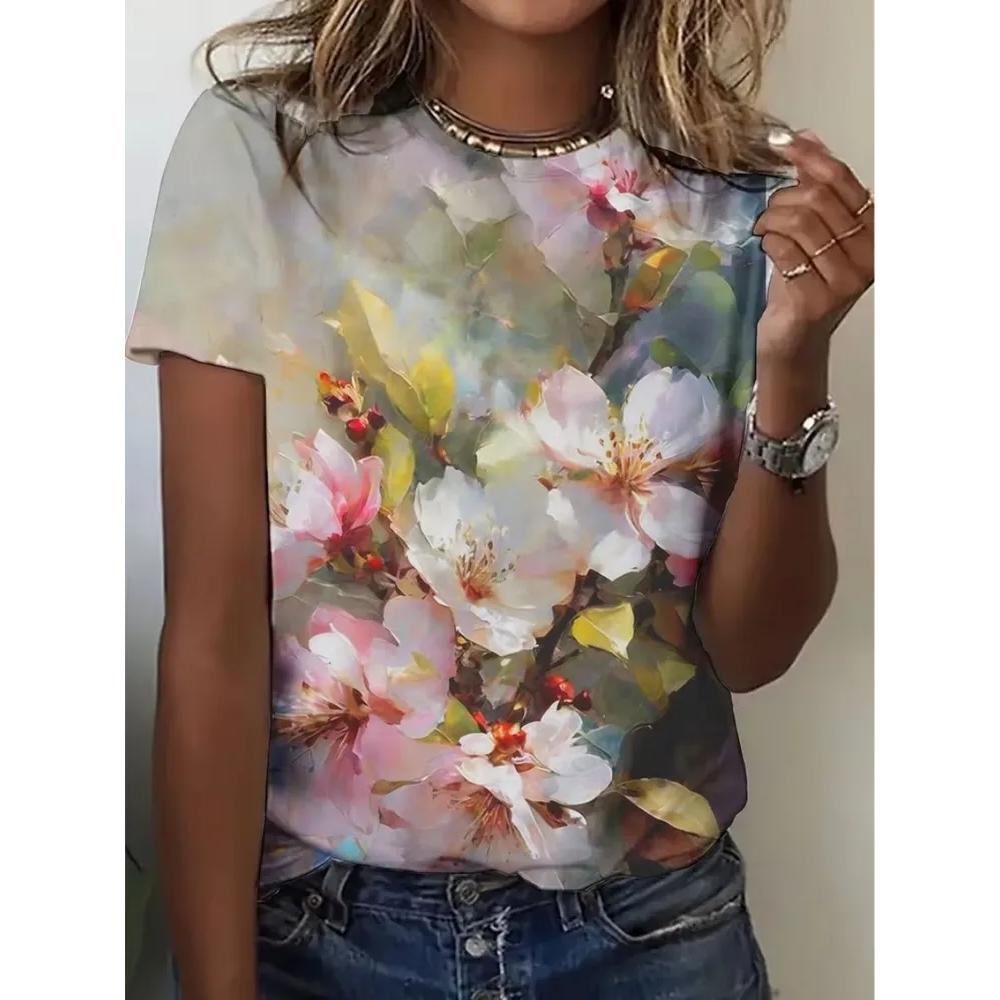 Daily Versatile Flower Women's Printed Crew Neck Top Short Sleeve Casual T-Shirts Women’s
