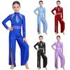 Kids Stage Performance Leotard Mock Neck Long Sleeve Sequins Rhinestone Mesh Patchwork Back Zip Split Wide Leg Jumpsuit for Lyrical Dance
