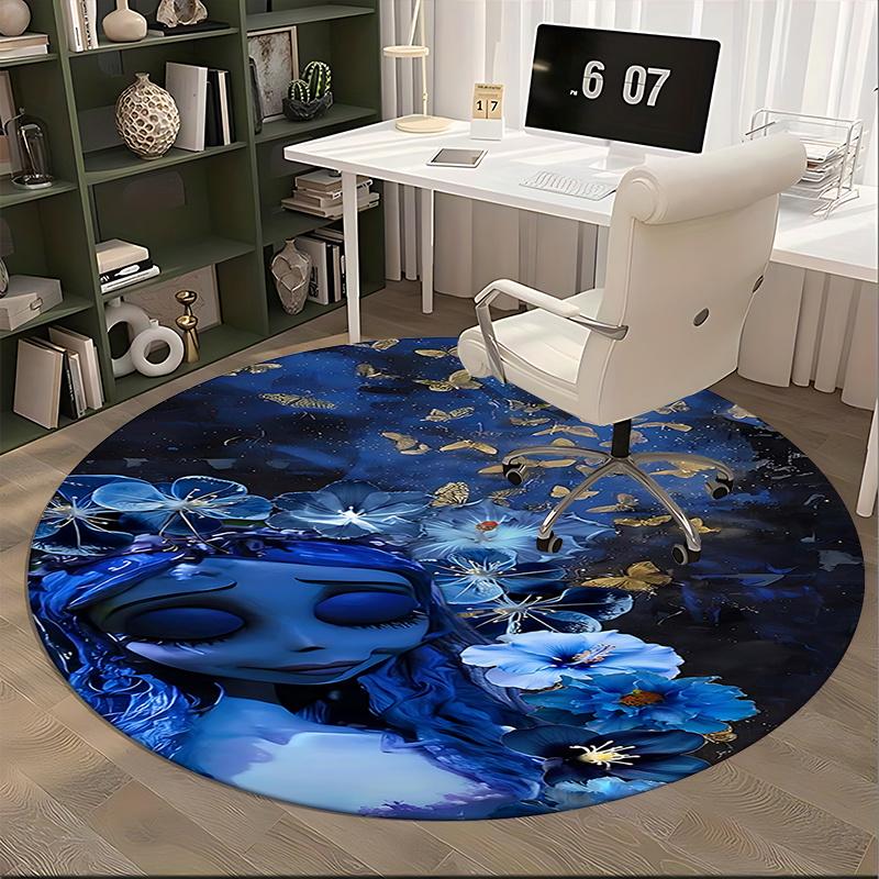 Ethereal Blue Floral Chair Mat - Round Carpet for Home Decor, Office Use, Living Room, Bedroom, Gift Idea0242b