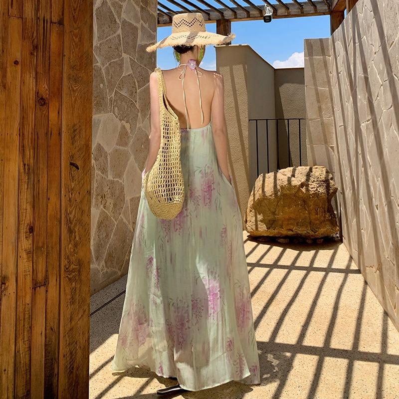 French Gentle Backless Vacation Summer Three-dimensional Flower Green Purple Smudged Suspender Dress Women's Seaside Dress