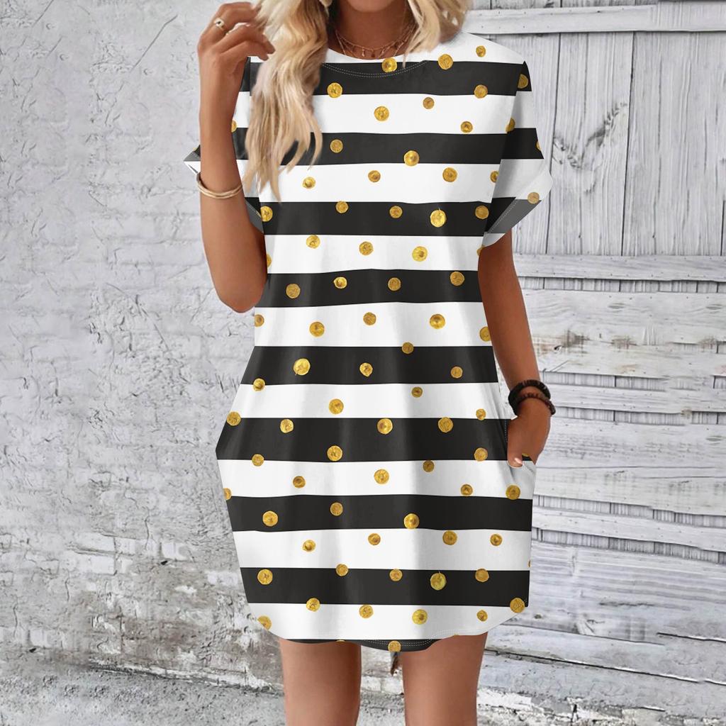 Rochie tricou lungă medie, la modă pentru femei, cu mâneci scurte, cu imprimeu de vară