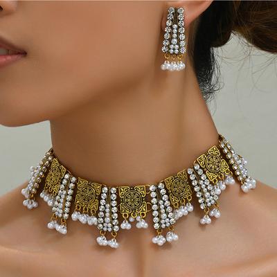 Ethnic Vintage Zircon Set For Women Crystal Inlaid Zircon Sets Simulated Pearl Tassel Beads Necklace Earrings Set Women's Gift