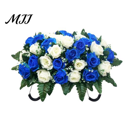 Long-lasting Memorial Flowers Artificial Cemetery Headstone Flower Saddle 34-Head Realistic UV-Resistant Fake Outdoor Bouquet Silk Rose Tombstone