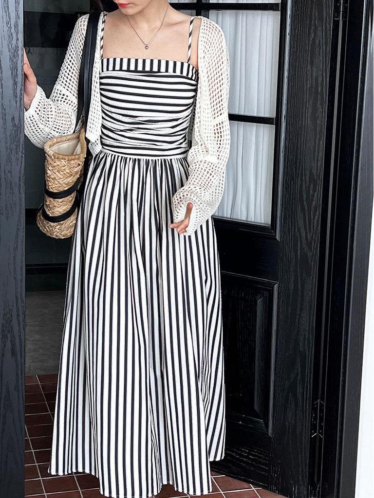 Luxi Off-Shoulder Striped A-Line Pleated Dress