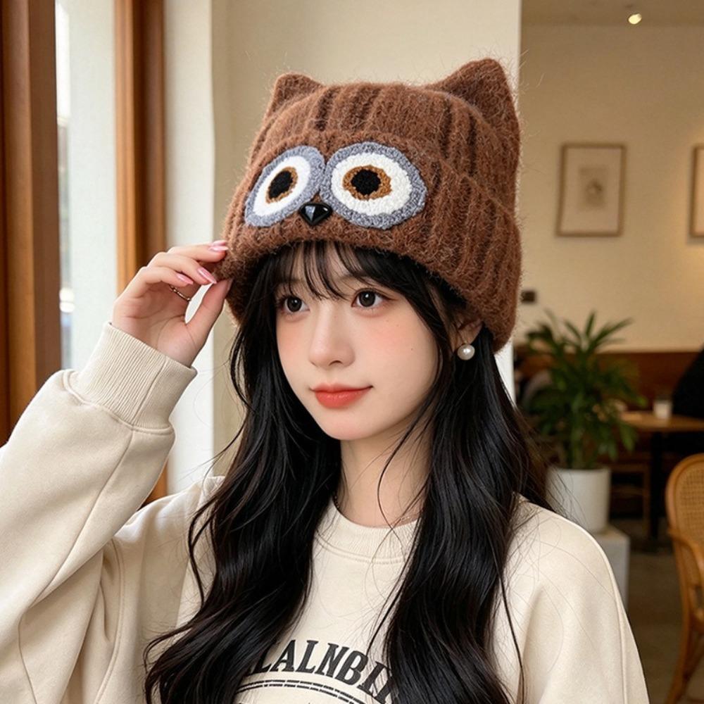 Knit Design Woolen Winter Cap Thick Material Plush Warm Hat Cute Owl Pattern Hat  Cartoon Themed