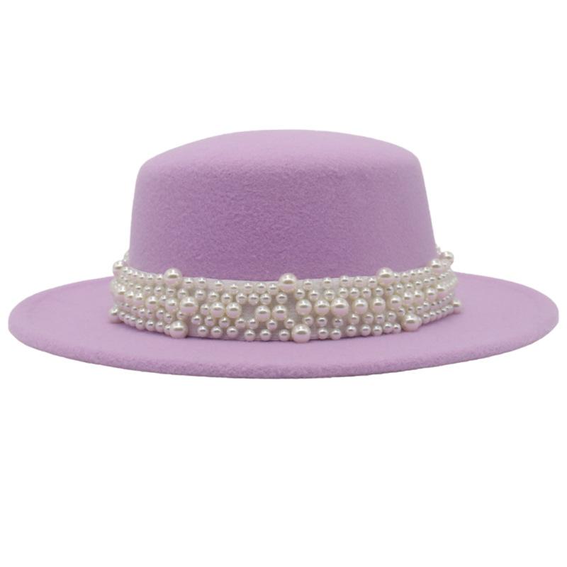 French Retro Woolen Top Hat Women'S Flat Top Pearl Felt Hat Wide Brim Sunshade Sunscreen Hat
