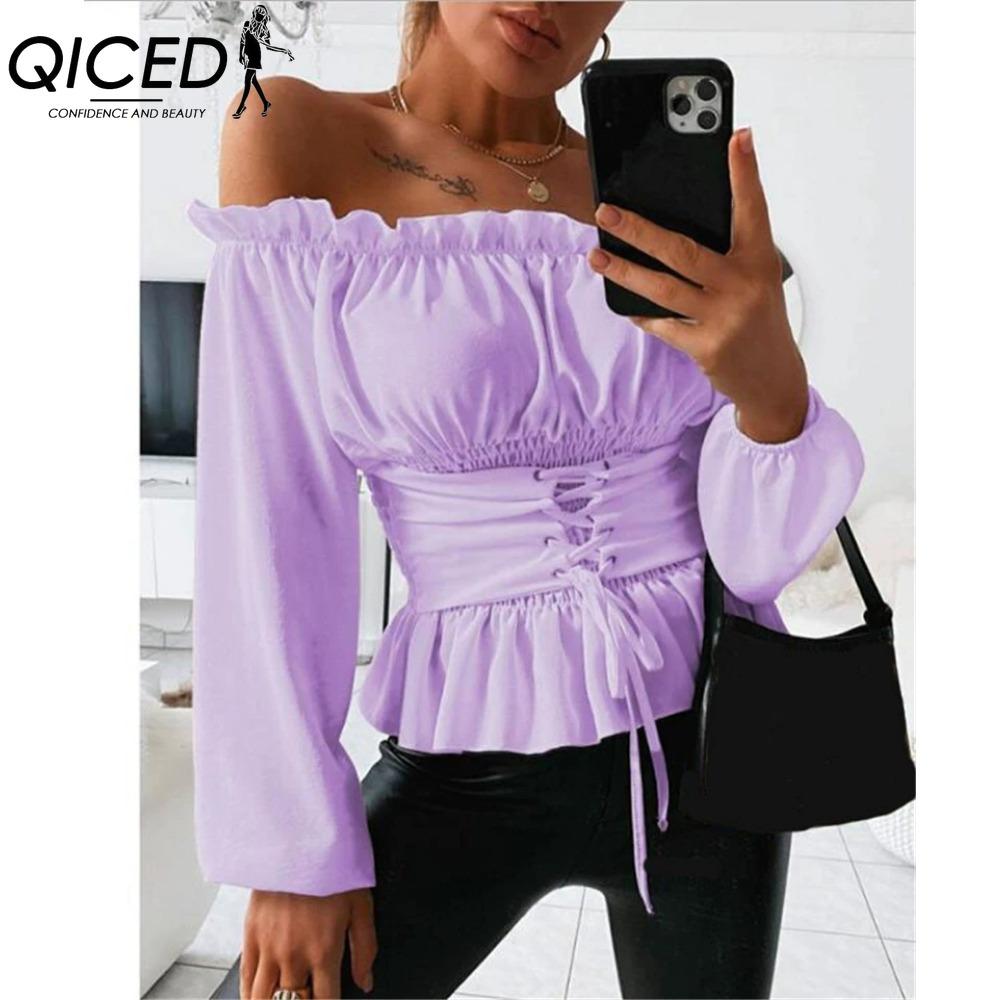 QICED Dámská móda Ležérní jednobarevné halenky a košile s dlouhým rukávem