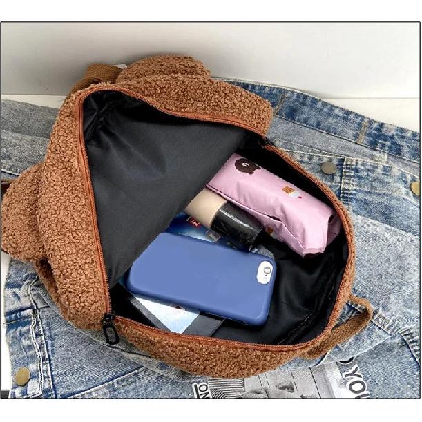 Cute Bear Ear Fleece Small Backpack Kids Girls Casual Warm Lambswool Daypack Bag Schoolbag Rucksack For Travel Shopping