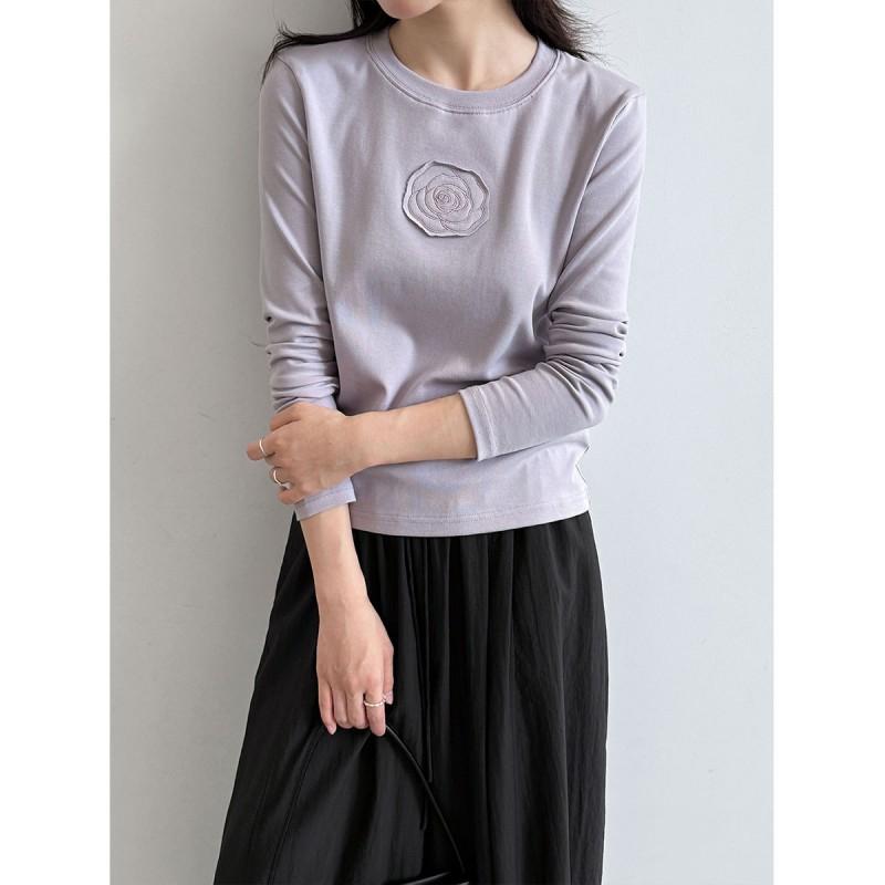 Womens Classic Round Neck Regular Fit Long Sleeve Tee With Floral Appliqu - Cotton 97% Spandex 3% Casual Korean Style