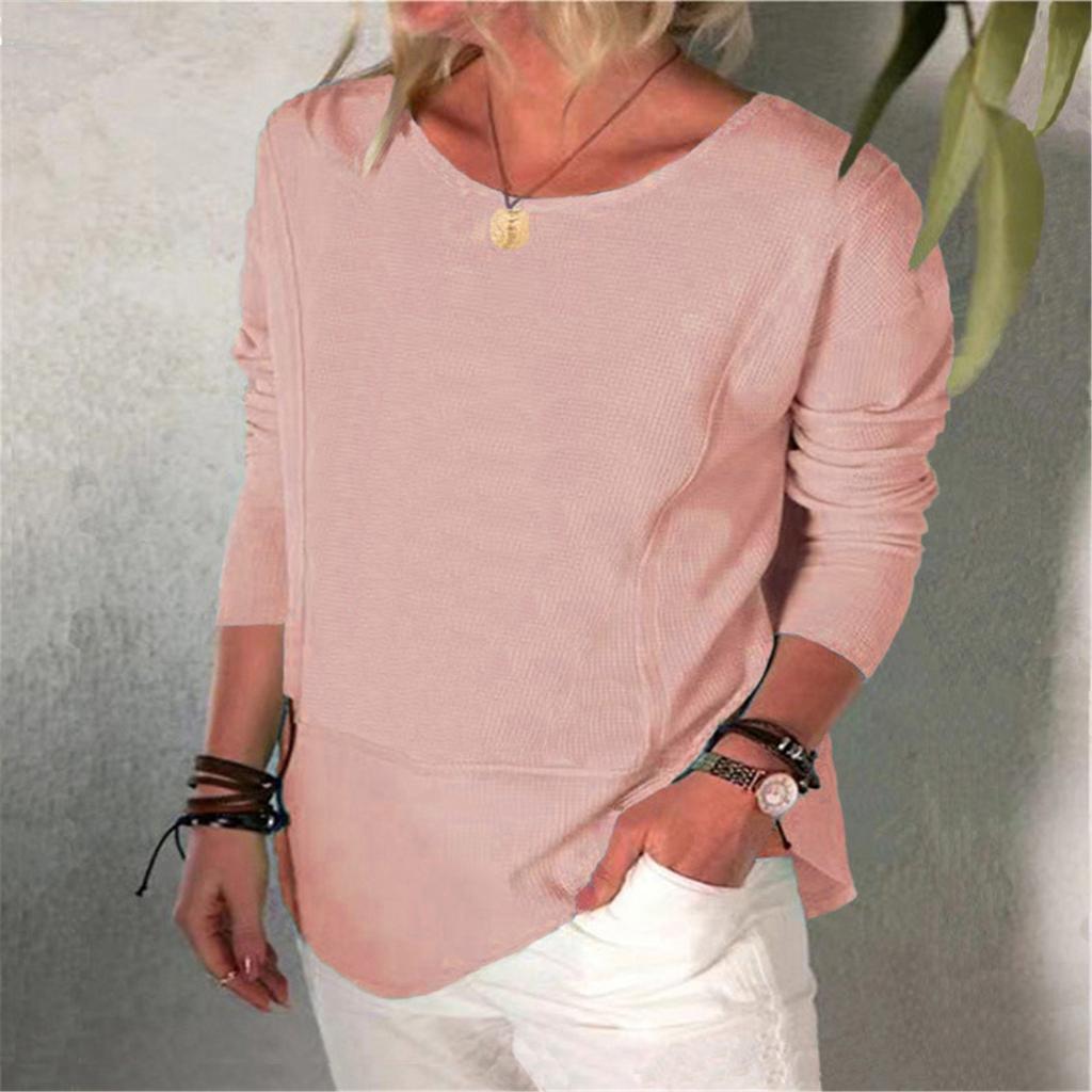 Fashion Women's Casual Solid Color Round Neck Long Sleeve Loose T Shirt Tops