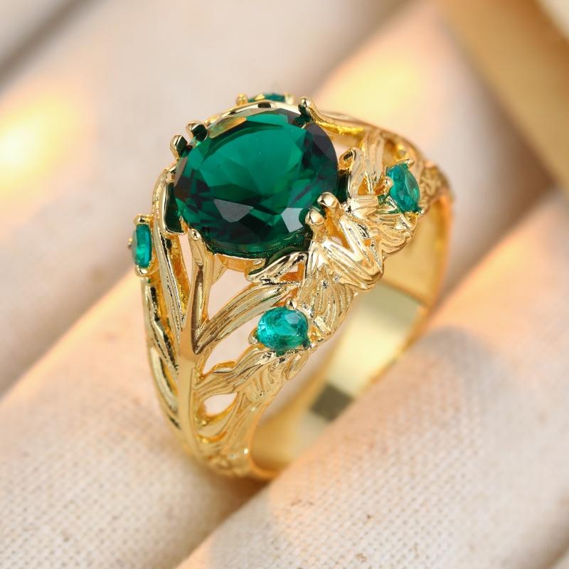 Vintage Inlaid Green CZ Women's Ring Ethnic Gold Color Hand Carving Daily Wear Party Jewelry Anniversary Gift