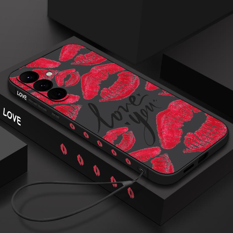 Red Lips Lanyard Phone Case For Samsung Galaxy A55 A53 A54 A35 A15 A16 A25 A36 5G S25 S23 S24 Ultra S22 Plus S24 FE Soft Cover