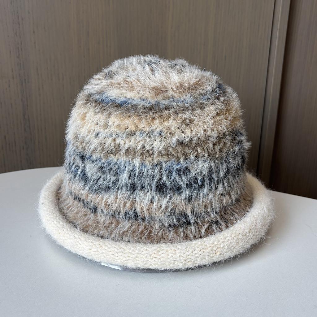 Famous Style Mixed Color Knitted Fluffy Hat Thickened Crimped Bucket Hat Women'S Warm Ear Protection Washbasin Hat