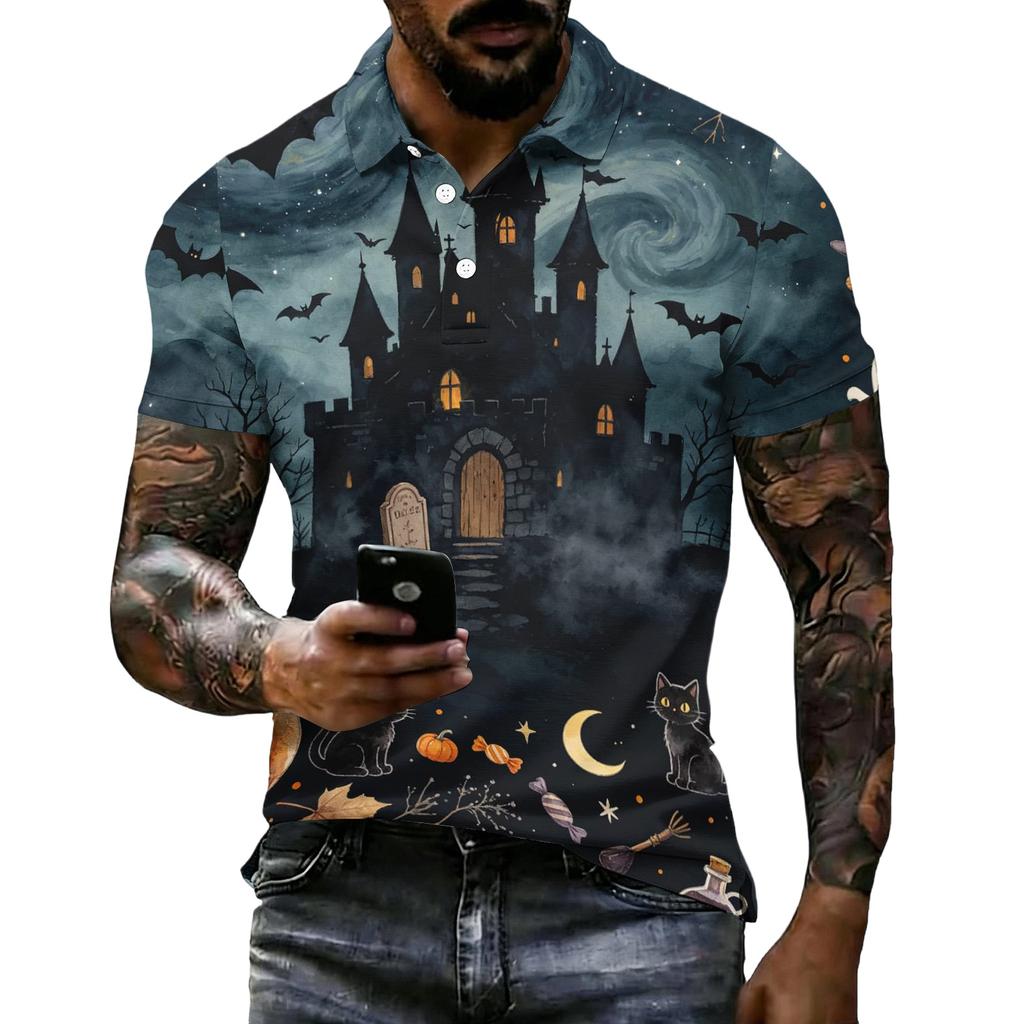 Men's Halloween Print Short Sleeve Polo Shirt Loose Casual Summer Daily Wear Top with Button Collar and Relaxed Fit for Outdoor Activities