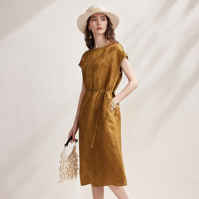 Zhaojun Mulberry Silk Lace Cutout Short Sleeve Midi Dress