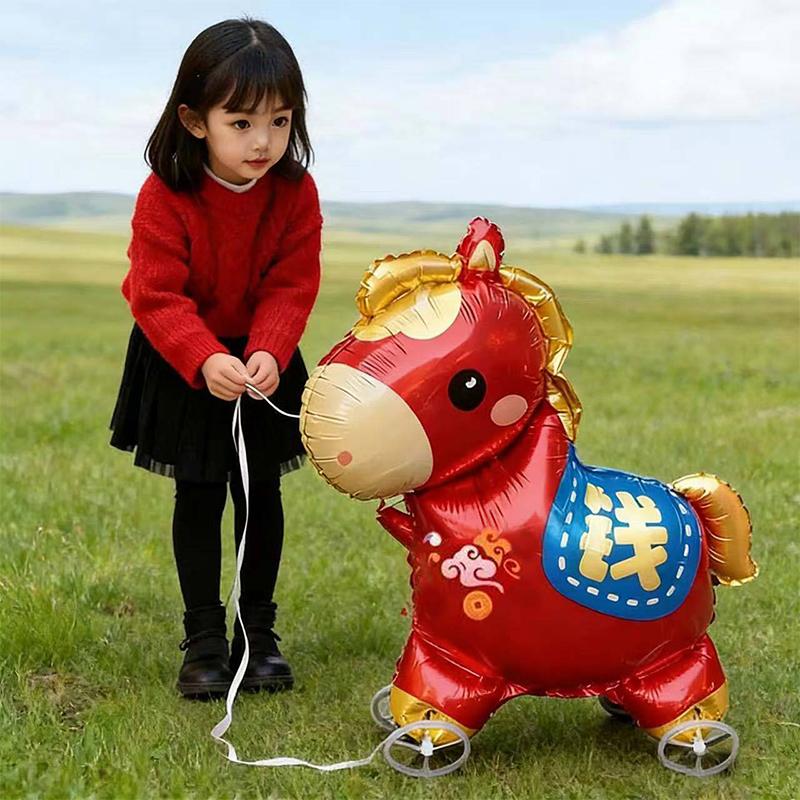 2026 Cartoon Animal Theme 3D Standing Cute Horse Aluminum Film Balloon With Wheels Children Birthday Party Photo Prop Decoration
