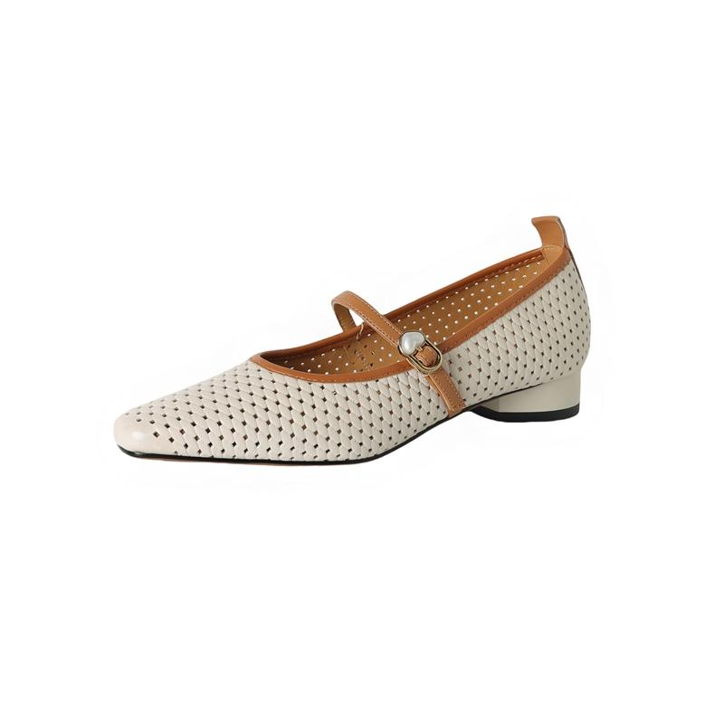 

Fashion Women s new genuine leather sheepskin hollow breathable elastic belt buckle low heel Mary Jane single shoe retro hole shoe 220 бежевый