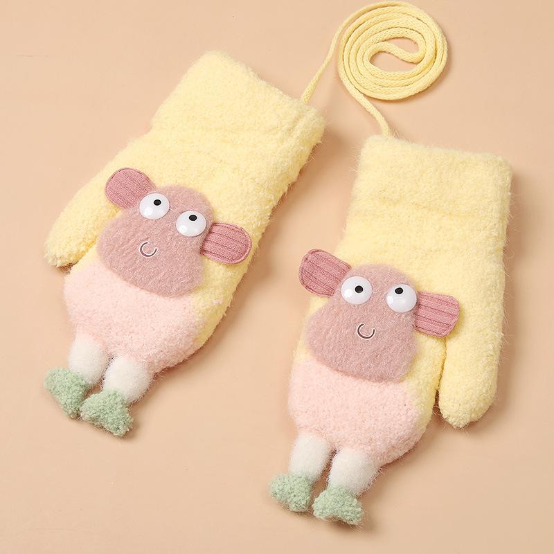 Winter Plus Velvet Children's Gloves Kindergarten Baby Warm and Cold Proof Gloves Cute Finger Rope Knitted Cotton Gloves