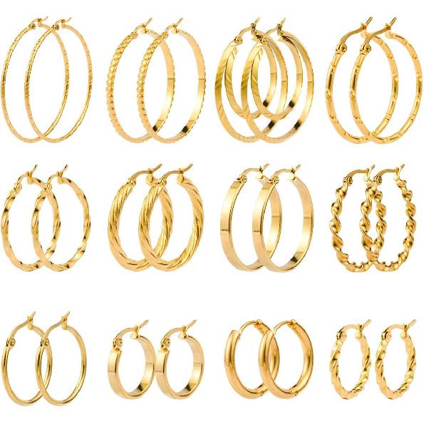 Jinxiuge 12 Pairs Gold Hoop Earrings Set Stainless Steel Twisted Round Small Chunky Hoop Earrings for Women