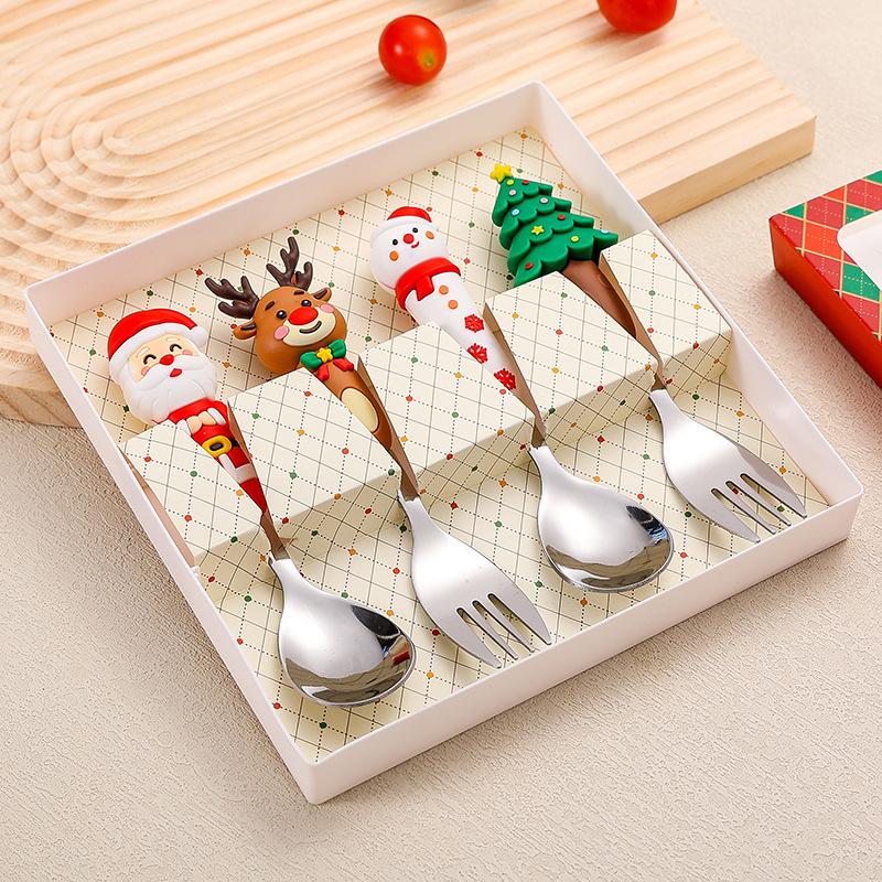 4pcs Christmas Fork And Spoon Set Cutlery Stainless Steel Creative Tableware Coffee Tea Dessert Gift Set