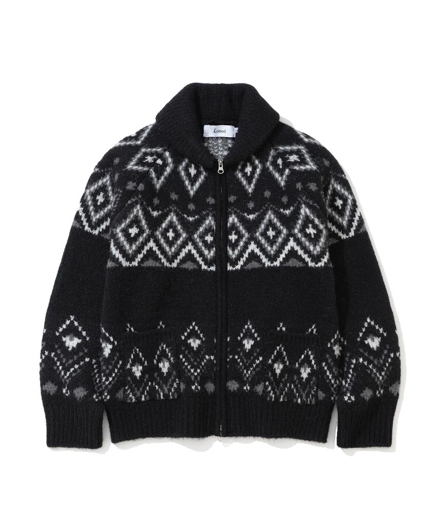 Knitted Bulky Wool Diamond Zip-Up Black