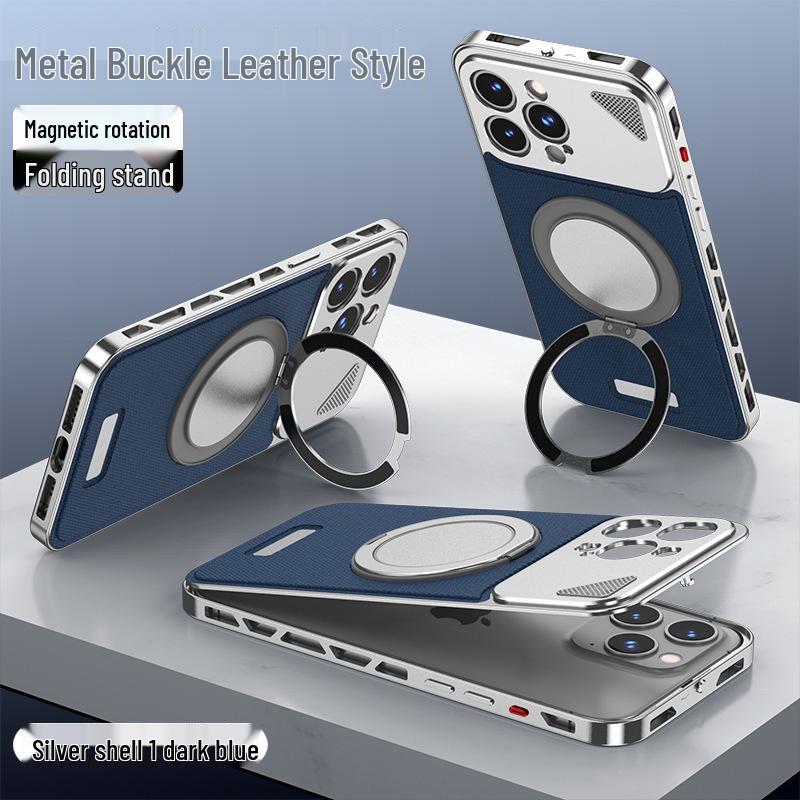 Aluminum Alloy Leather Buckle Phone Case with Rotating Stand for iPhone 16 Pro Max, Compatible with Apple 14