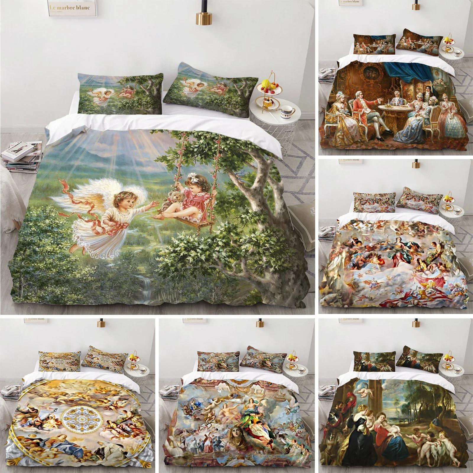 

Angel Oil Painting Bedding Set Ancient Art Duvet Cover Cartoon Warm Bed Quilt Cover Kids Bedroom Bed Cover Set Green 70x133cm 2pcs