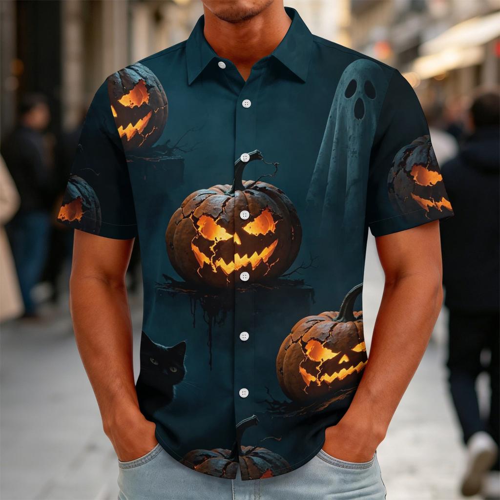 Men's Halloween Print Vintage Button Down Cardigan Shirt - Loose Fit Breathable Summer Casual Streetwear Top