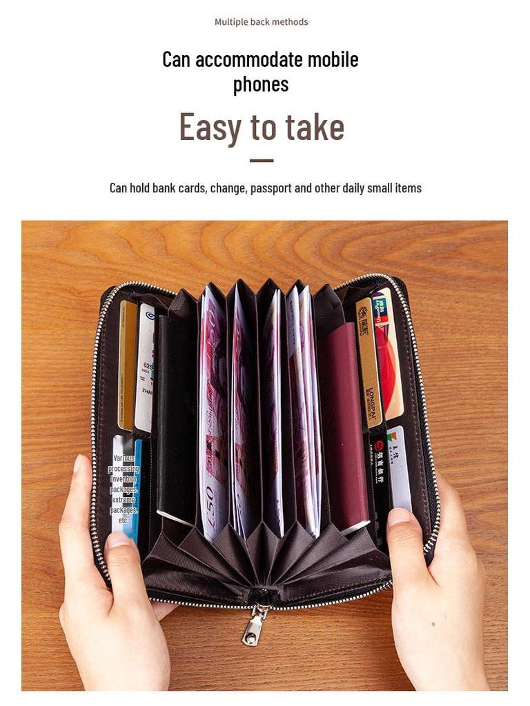 RFID Long Wallet: Top Grain Cowhide Passport & Document Holder with Zipper Phone Pouch for Men & Women