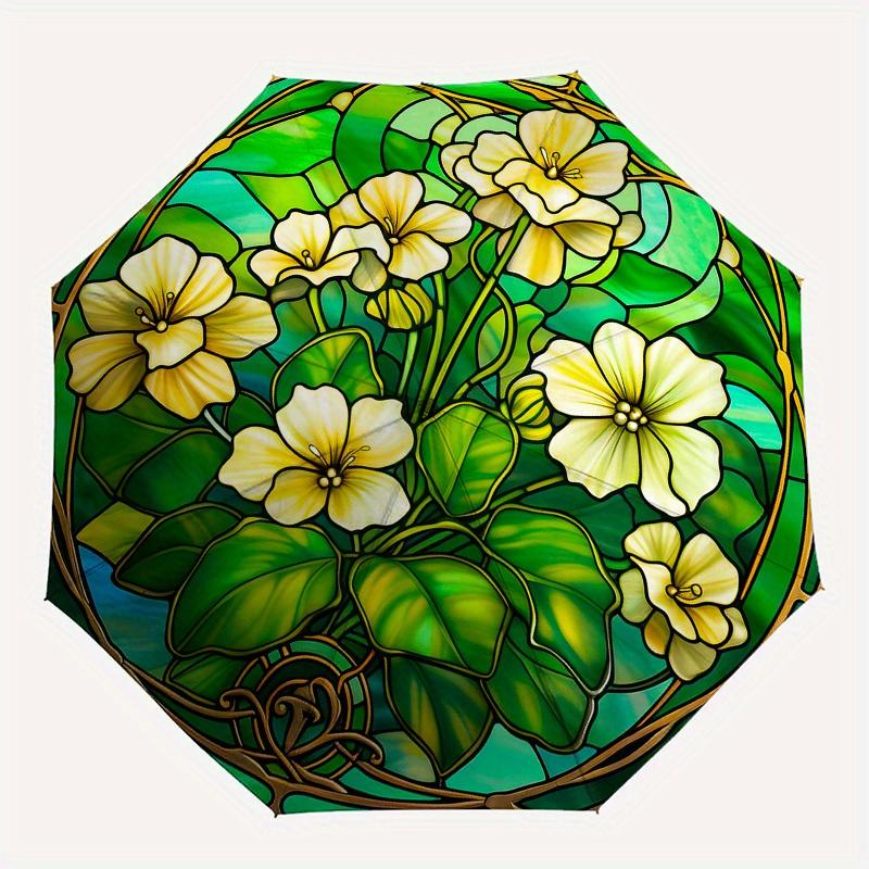 Stained Glass Window Panel with White Flowers, Circular Art Decor Umbrella, Cute Umbrella with Cute Design, Portable 3-Fold Compact Umbrella for Men &