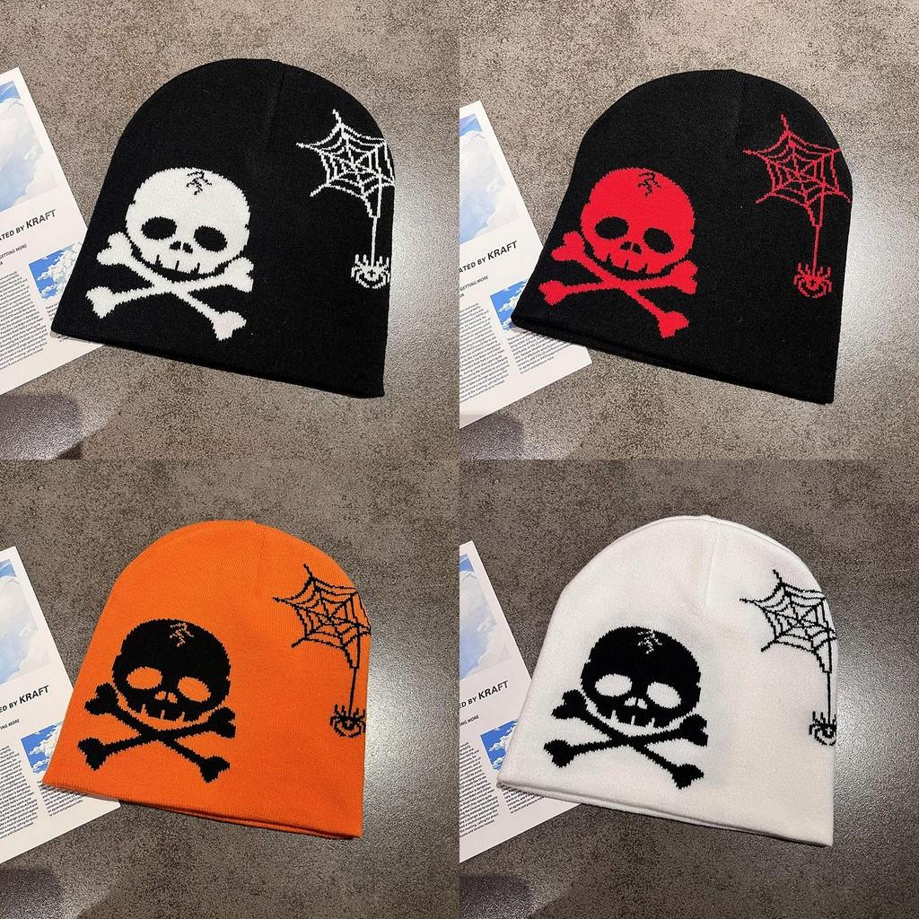 Knitted Fashion Hat With Skull And Spider Web Embroidered Design Halloween For