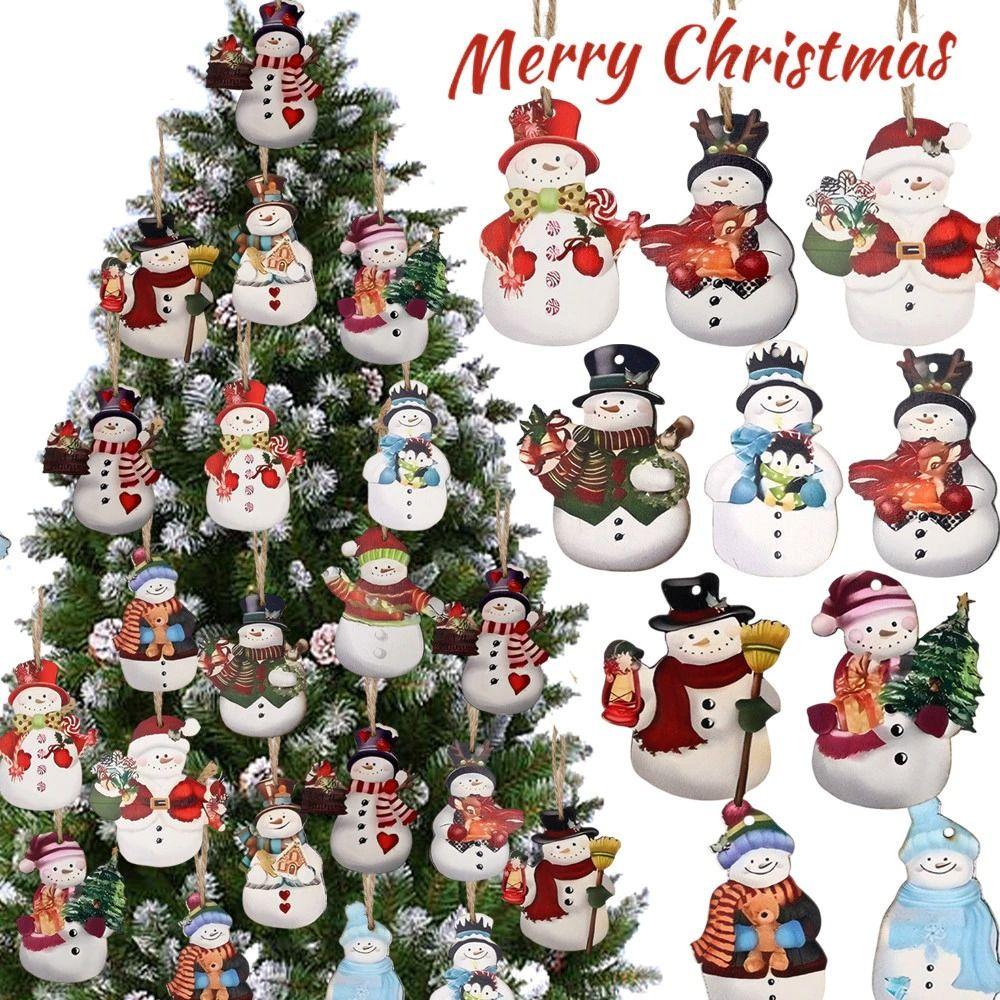 12Pcs Wooden Christmas Snowman Pendant DIY Santa Hanging Pendants New Xmas Tree Charm