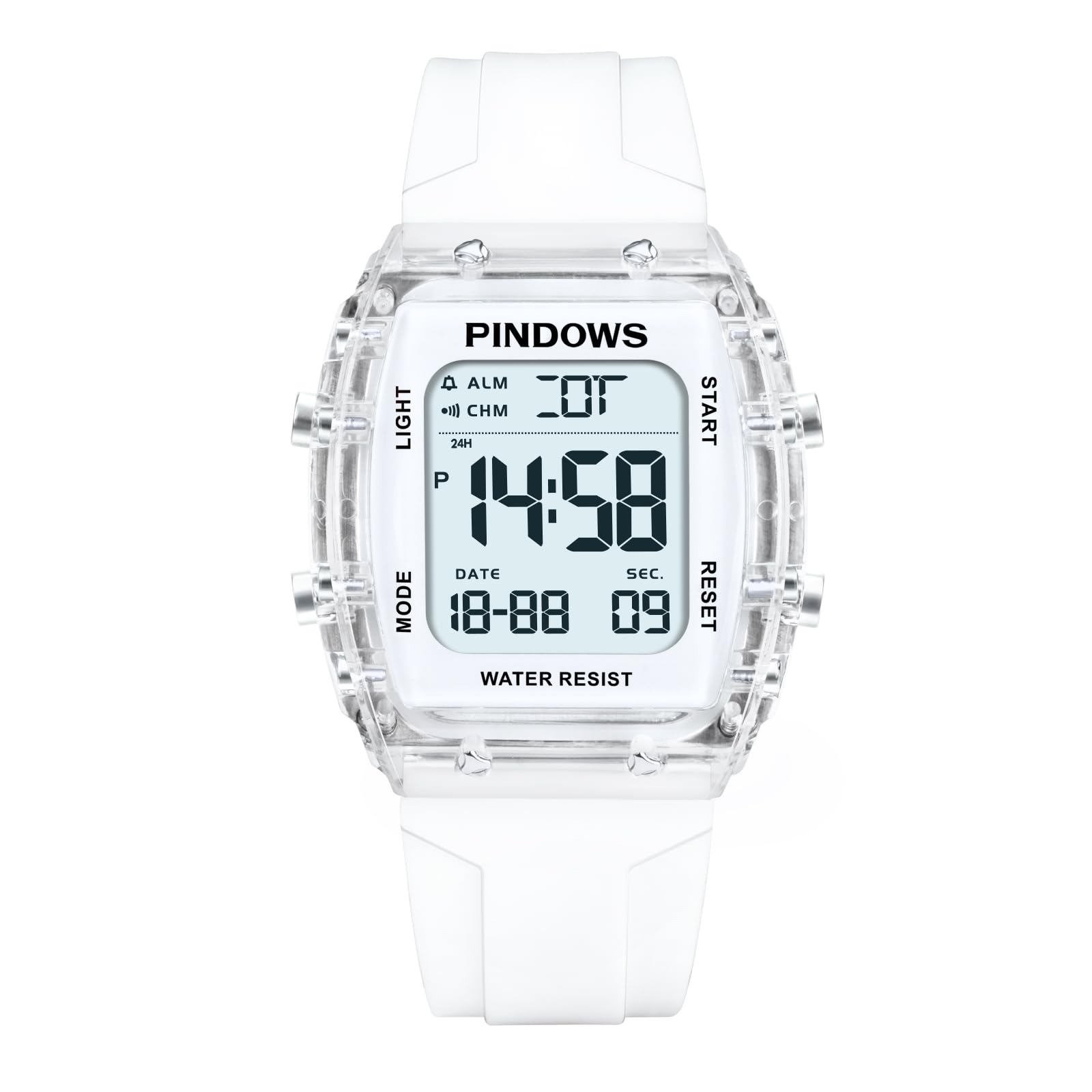 

PINDOWS Women s Digital Sports Watch with Clear Transparent Case, Bright LED Light, 5ATM Water Resistance, Stopwatch, Alarm, and Dual Time Display,