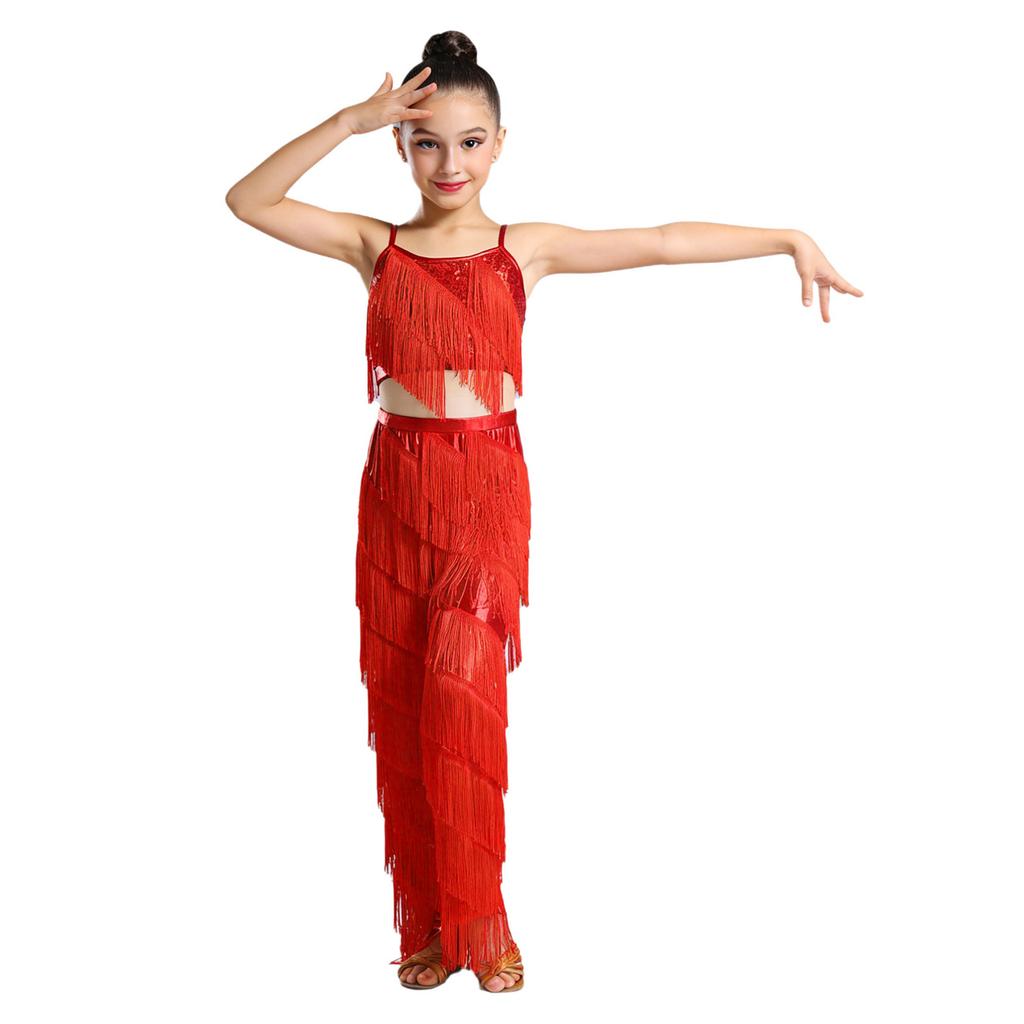 Completo da ballo latino per bambina con pantaloni metallizzati, spalline sottili regolabili, canottiera e frange