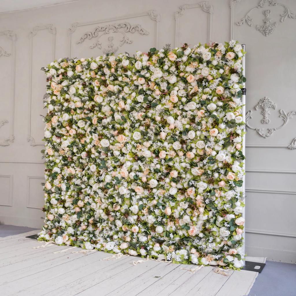 Uflower White Champagne Peony Flower Wall Wedding Backdrop Light Hanging Fabric Curtain Floral Decorative Wall Props for Events