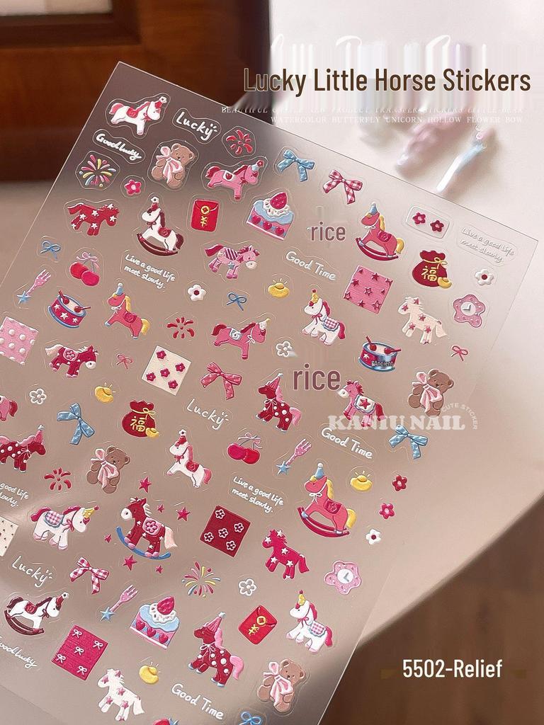 2026 Year of the Horse 3D Embossed Nail Art Stickers – Festive, Colorful, Waterproof Decor