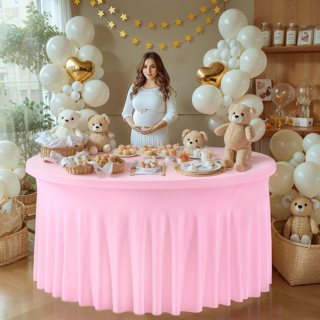 4/5/6ft Spandex Round Wedding Table Cover Wrinkle Free Stretch Fitted with Ruffle Skirt For Baby Shower Wedding Party Banquet