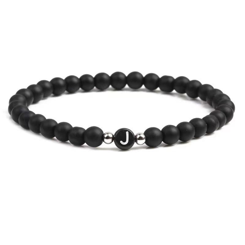 Black Matte Agate Letter Bracelet - Personalized Elastic Beaded Bracelet for Couples 6MM