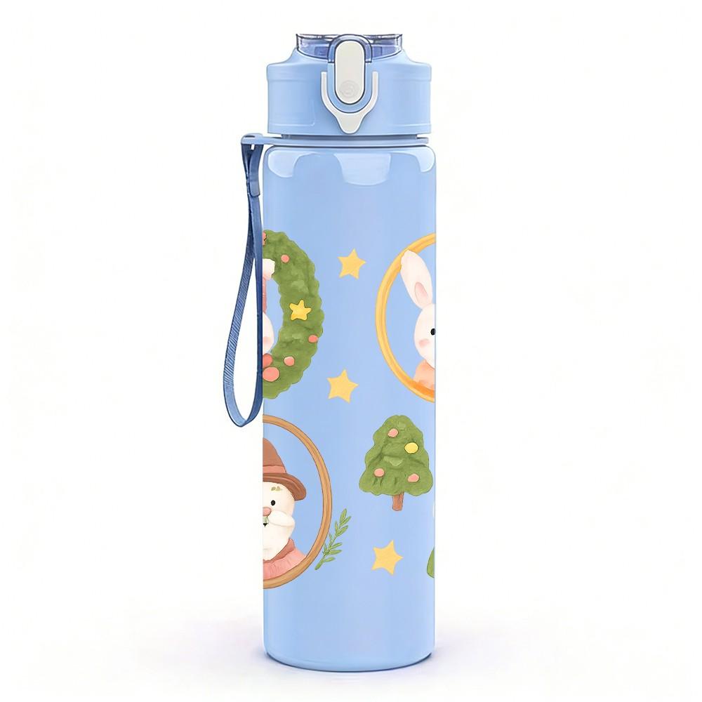 1PC Christmas Wreath Santa Figure Pattern 750ml Color Plastic Sports Water Bottle Leakproof Flip Straw Lid Suitable for Sports Office Home Use