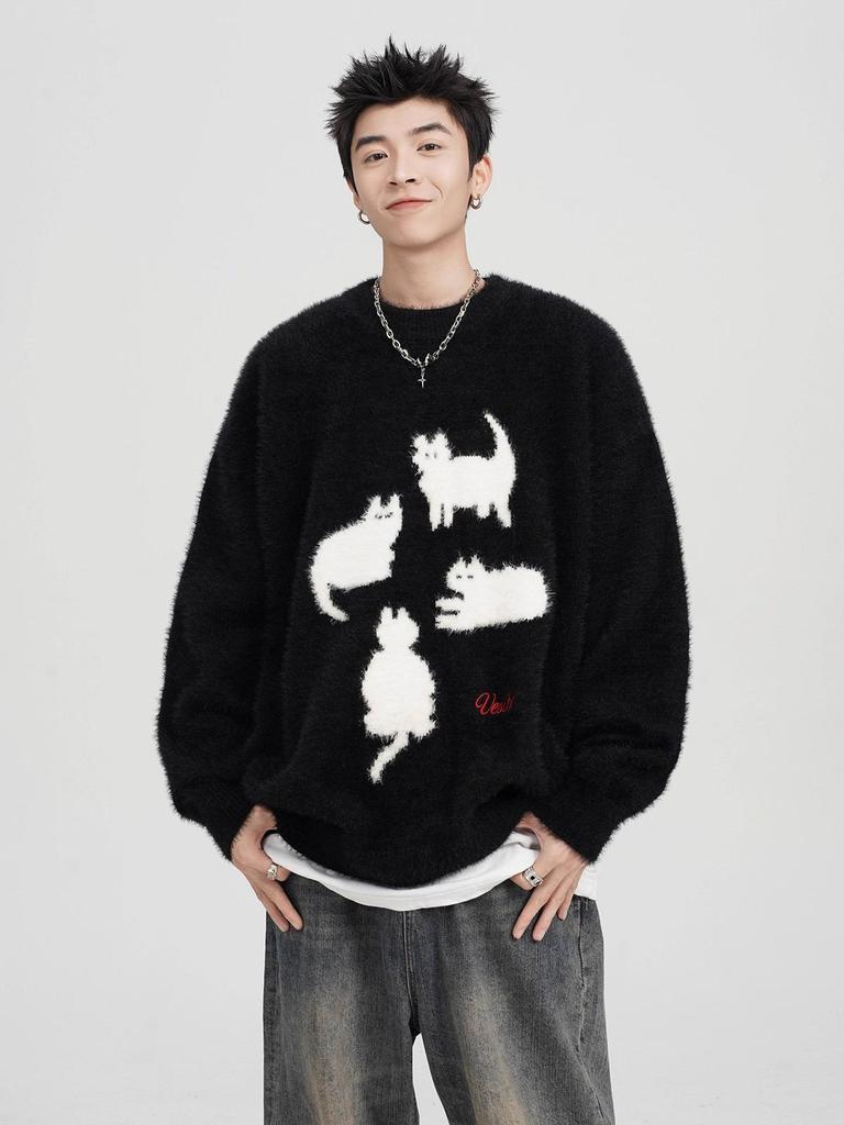 Men's Cartoon Cat Mohair Winter Sweater: American Style Loose Casual Round Neck Knitwear Cardigan
