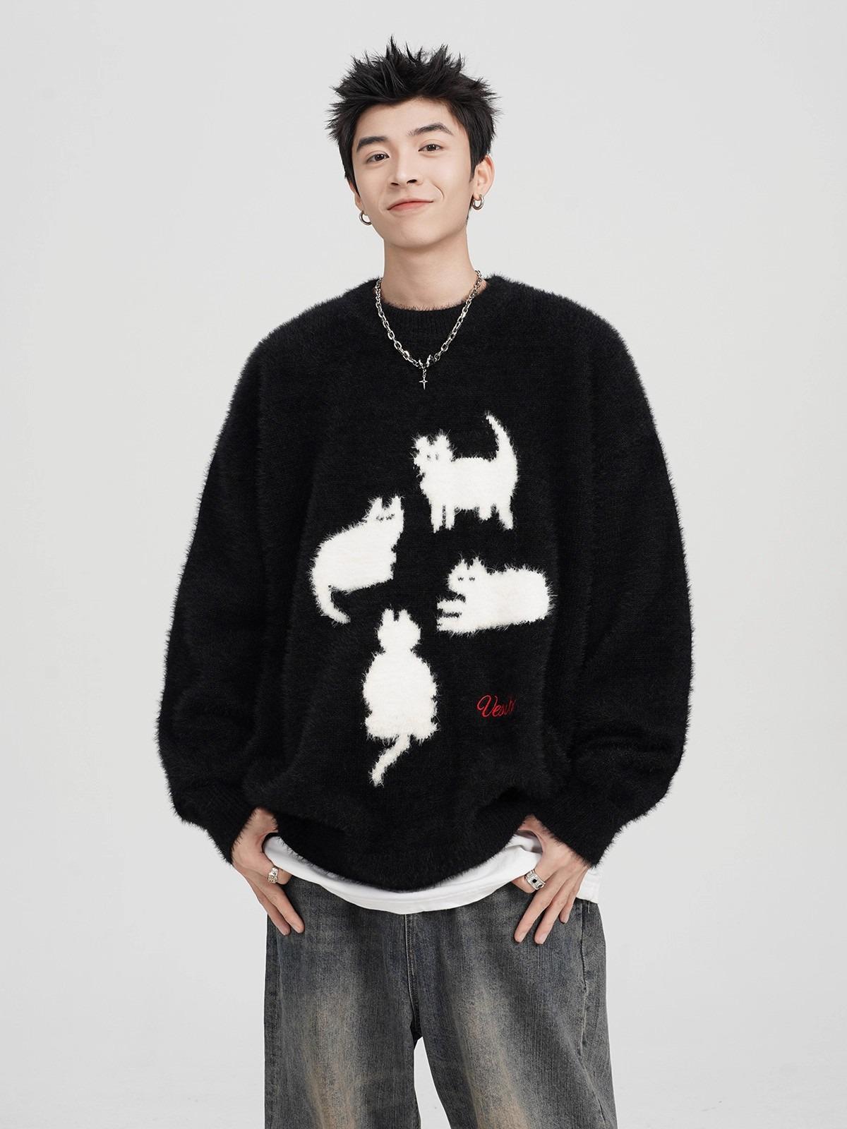 

Men s Cartoon Cat Mohair Winter Sweater: American Style Loose Casual Round Neck Knitwear Cardigan M