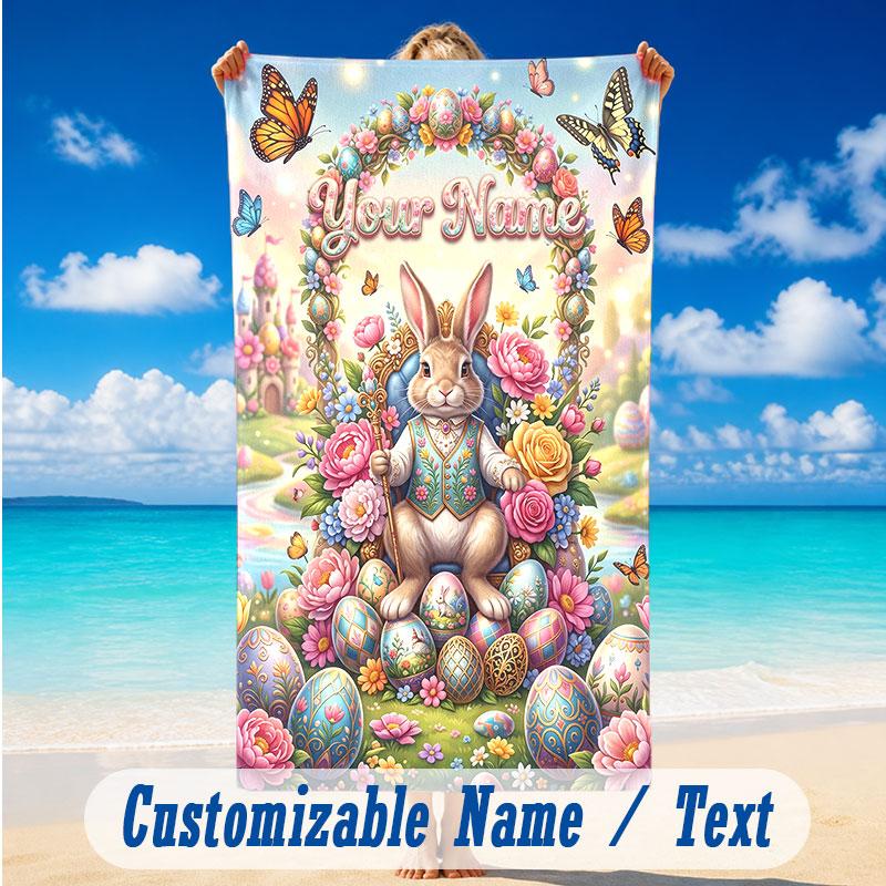 Easter Bunny Theme Beach Towel Personalized Custom Name & Text Soft Quick Dry Beach Towel for Swimming Travel