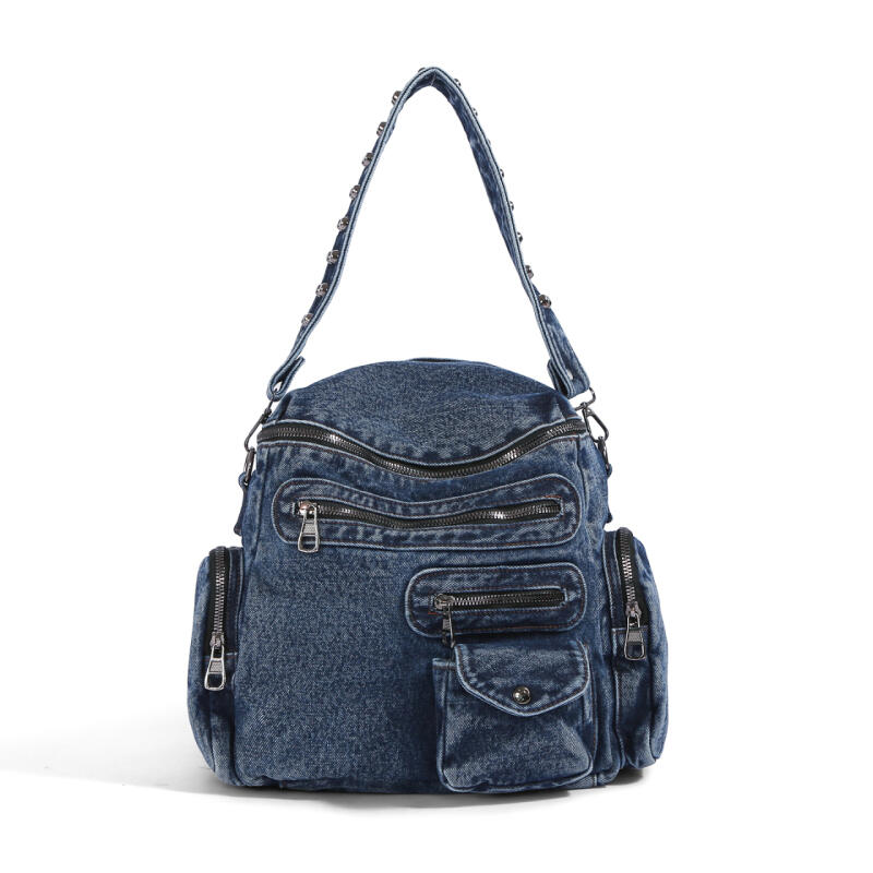 Vintage Denim Backpack Rivet Shoulder Bag Student Schoolbag Class Commuter Backpack