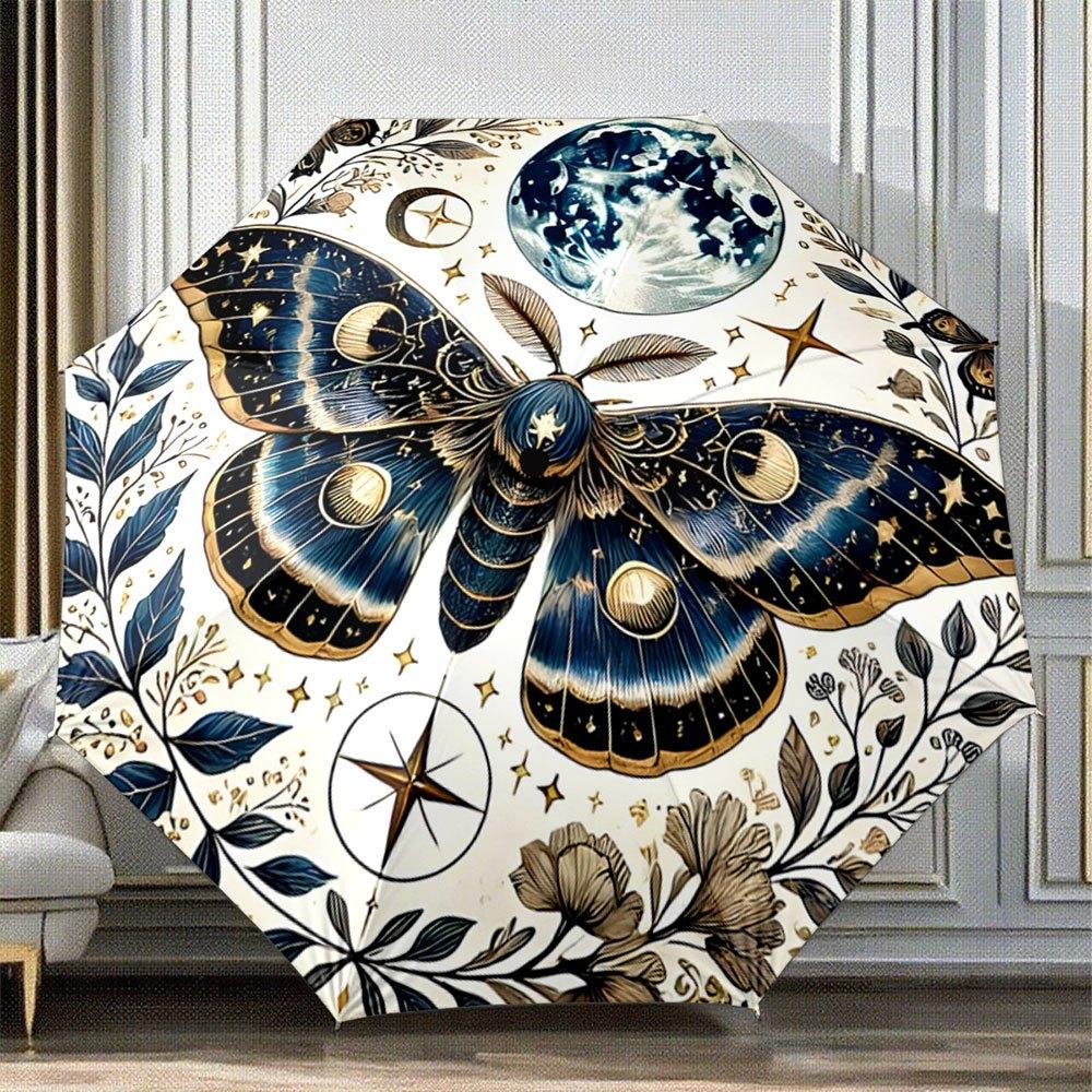 Automatic Folding Umbrella with Celestial Moth, Stars & Moon Phases Design - Portable Collapsible 8-Rib Durable Canopy, Auto O