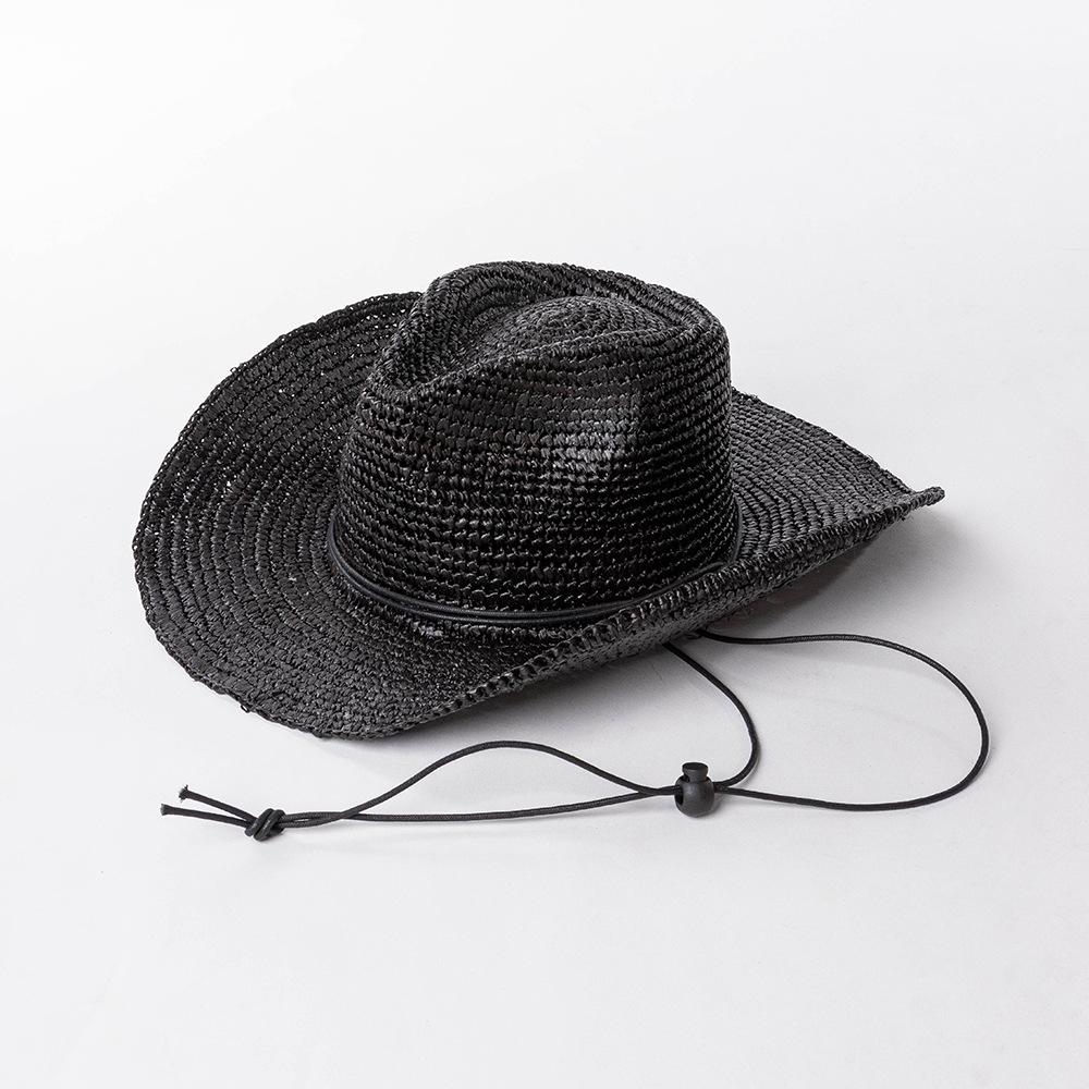 raffia Cowboy straw hat 9cm Brim  sunshade vacation  hand-woven crochet men and women beach sun protection western cowboy hats
