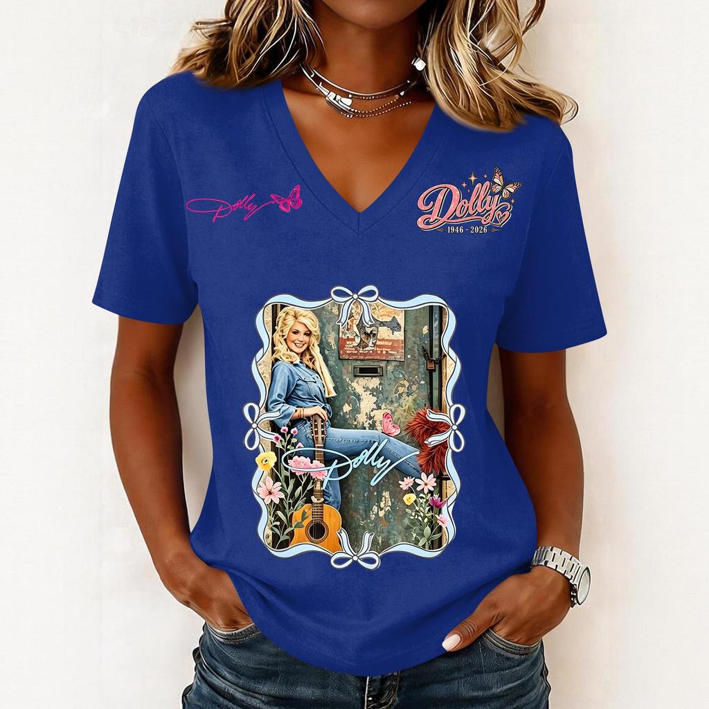 Women's Casual V-Neck Short Sleeve Letter Print Pullover Top for Summer