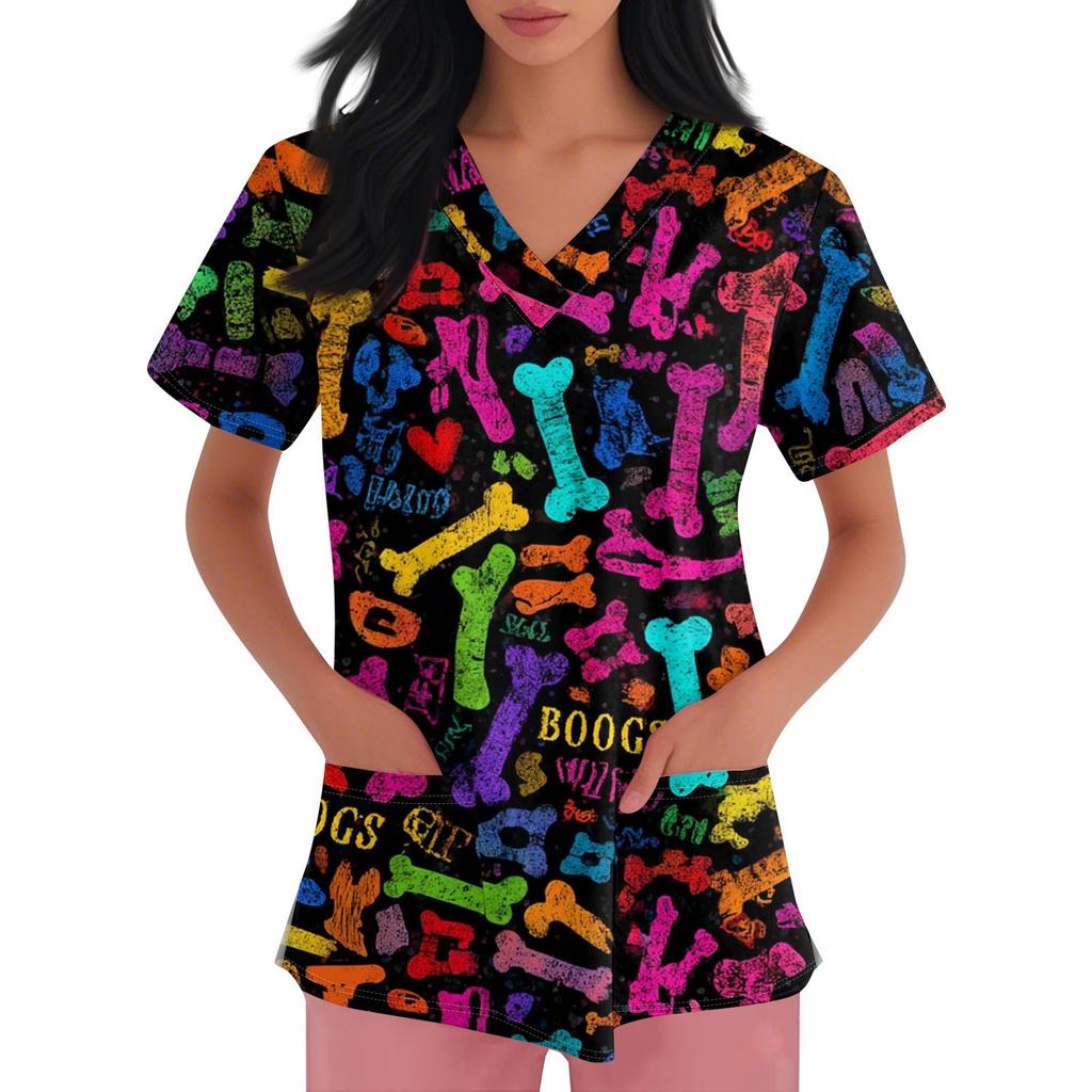 Women's V-neck Printed Short-sleeved Work Clothes With Side-slit Pockets And Uniforms