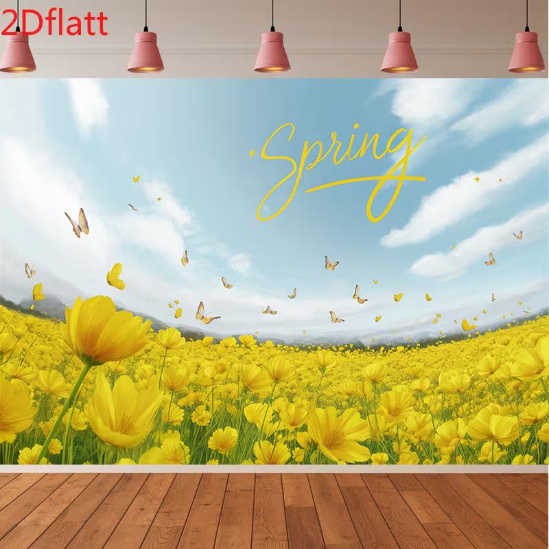 2D Bright Yellow Floral Field Backdrop for Spring Party Decor 47.2x31.5inch/120*80cm