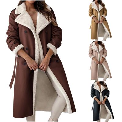 Women's Jacket Long Solid Color Fashionable Solid Color Stand Collar Lapel Coat Composite Leather Plush Coat